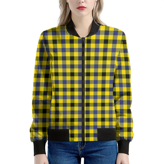 Yellow Black And Navy Plaid Print Women's Bomber Jacket
