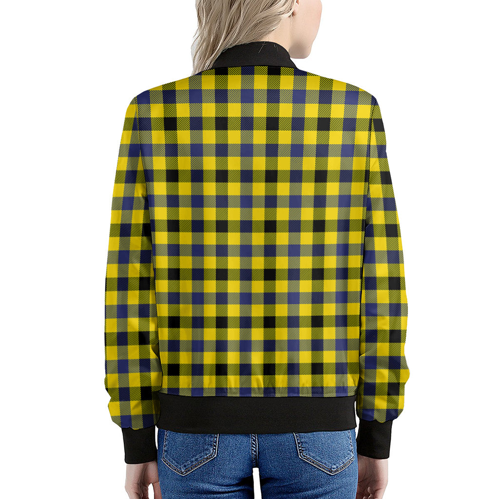 Yellow Black And Navy Plaid Print Women's Bomber Jacket
