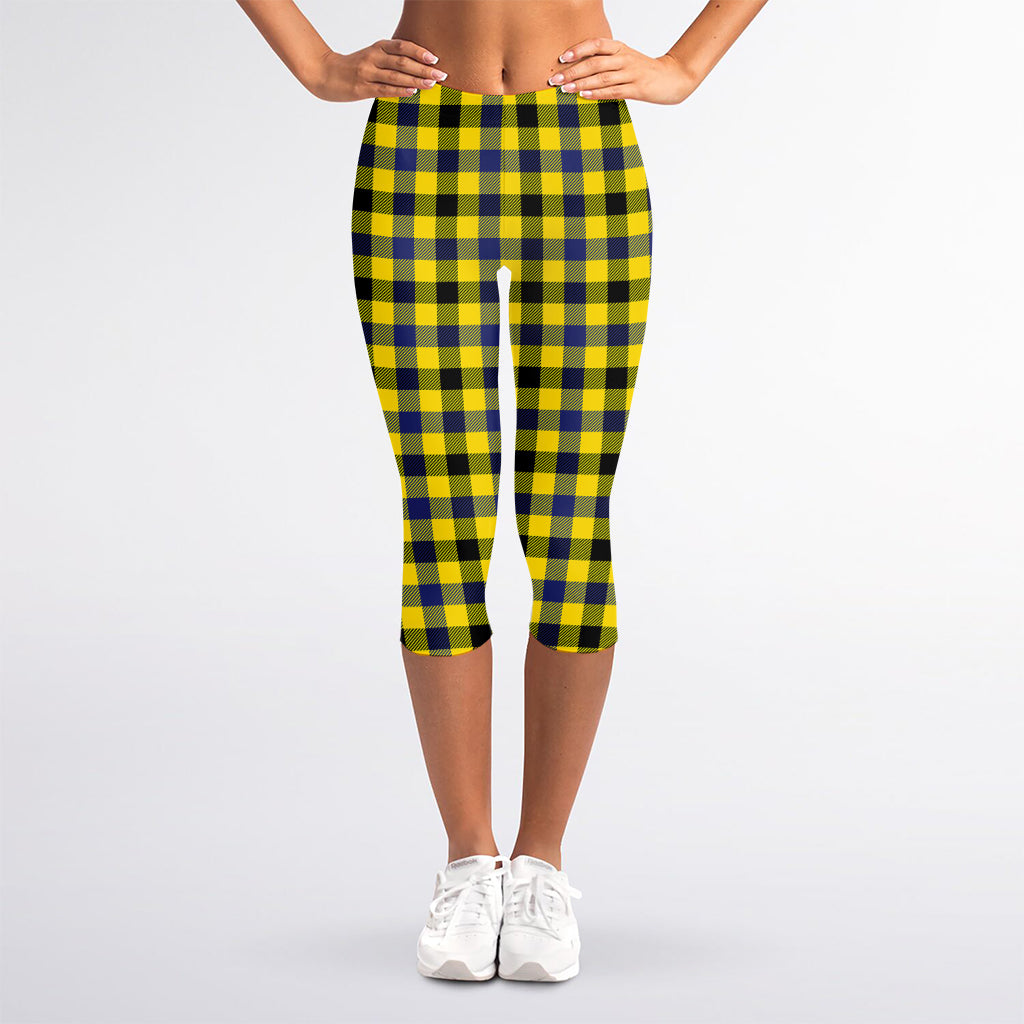 Yellow Black And Navy Plaid Print Women's Capri Leggings