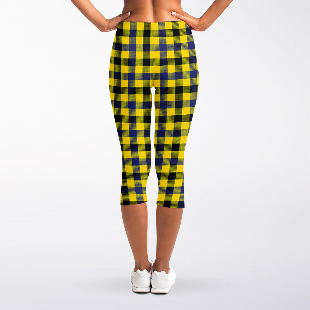 Yellow Black And Navy Plaid Print Women's Capri Leggings