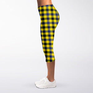 Yellow Black And Navy Plaid Print Women's Capri Leggings