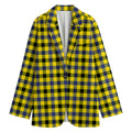 Yellow Black And Navy Plaid Print Women's Cotton Blazer