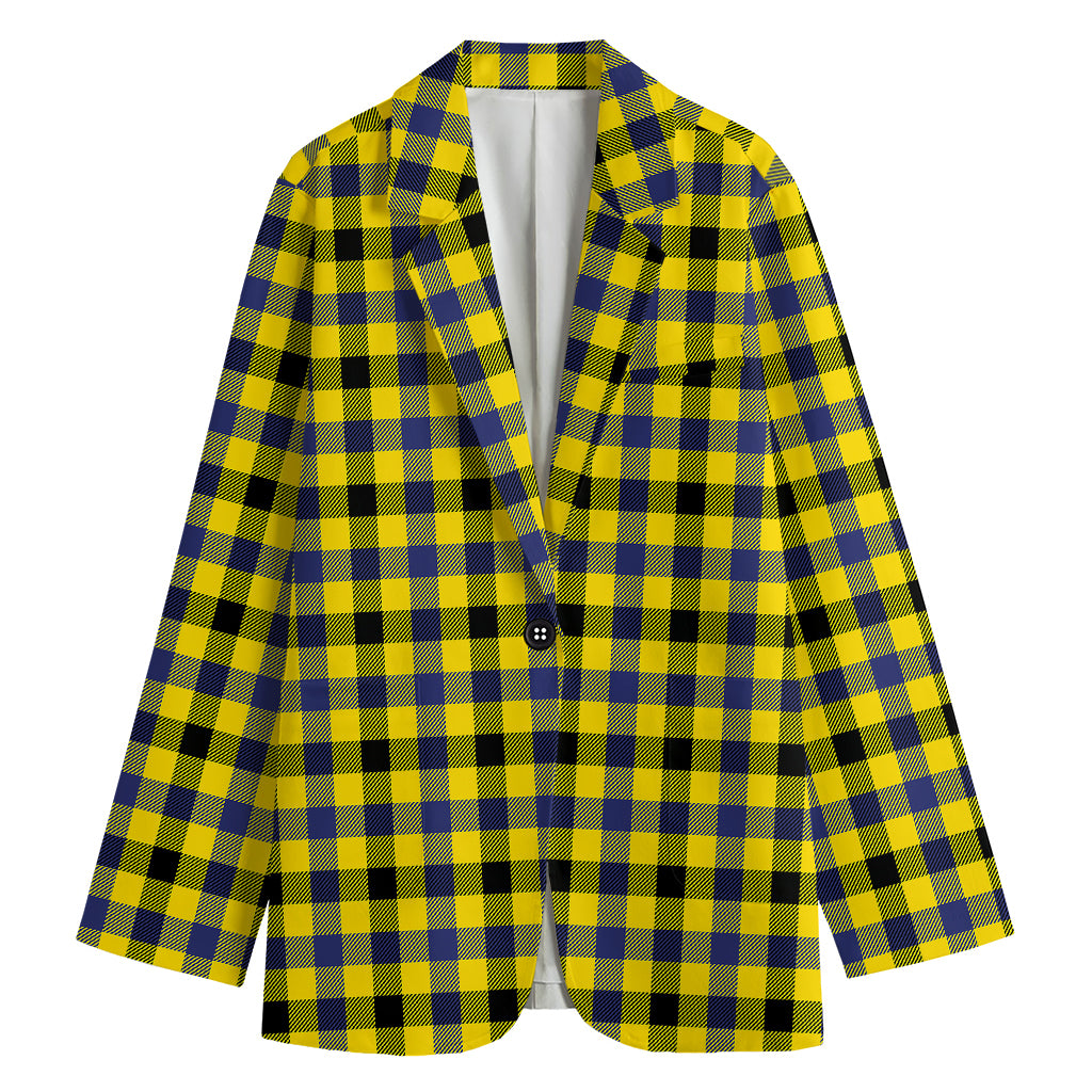 Yellow Black And Navy Plaid Print Women's Cotton Blazer