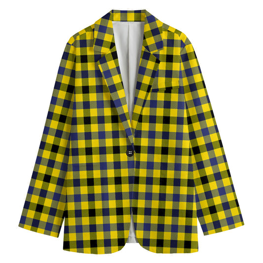 Yellow Black And Navy Plaid Print Women's Cotton Blazer