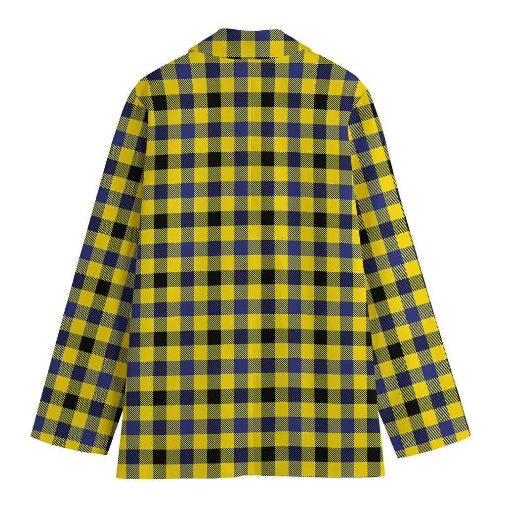 Yellow Black And Navy Plaid Print Women's Cotton Blazer