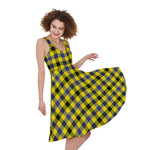 Yellow Black And Navy Plaid Print Women's Sleeveless Dress
