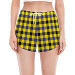 Yellow Black And Navy Plaid Print Women's Split Running Shorts