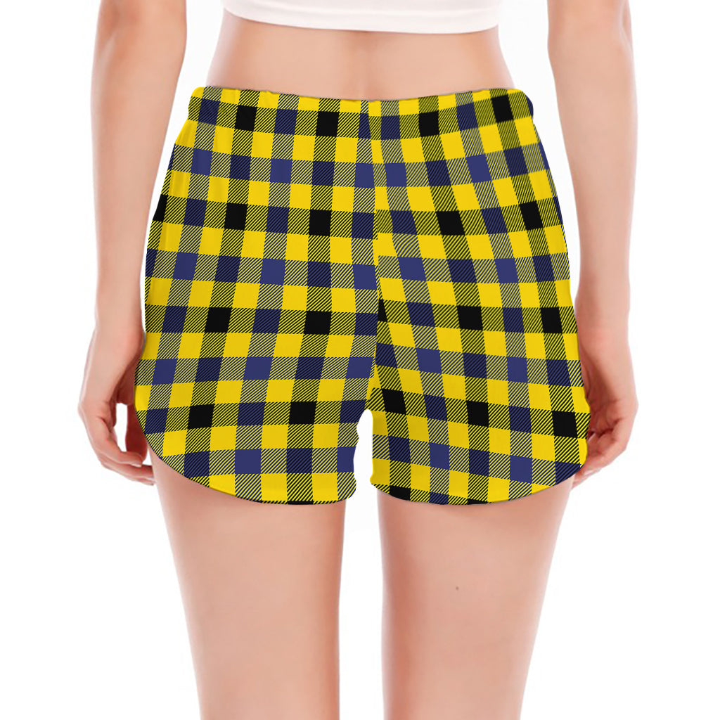 Yellow Black And Navy Plaid Print Women's Split Running Shorts