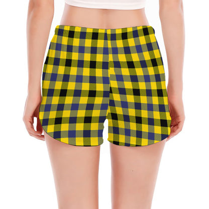 Yellow Black And Navy Plaid Print Women's Split Running Shorts