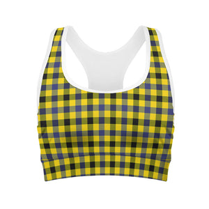 Yellow Black And Navy Plaid Print Women's Sports Bra