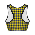 Yellow Black And Navy Plaid Print Women's Sports Bra