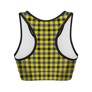 Yellow Black And Navy Plaid Print Women's Sports Bra