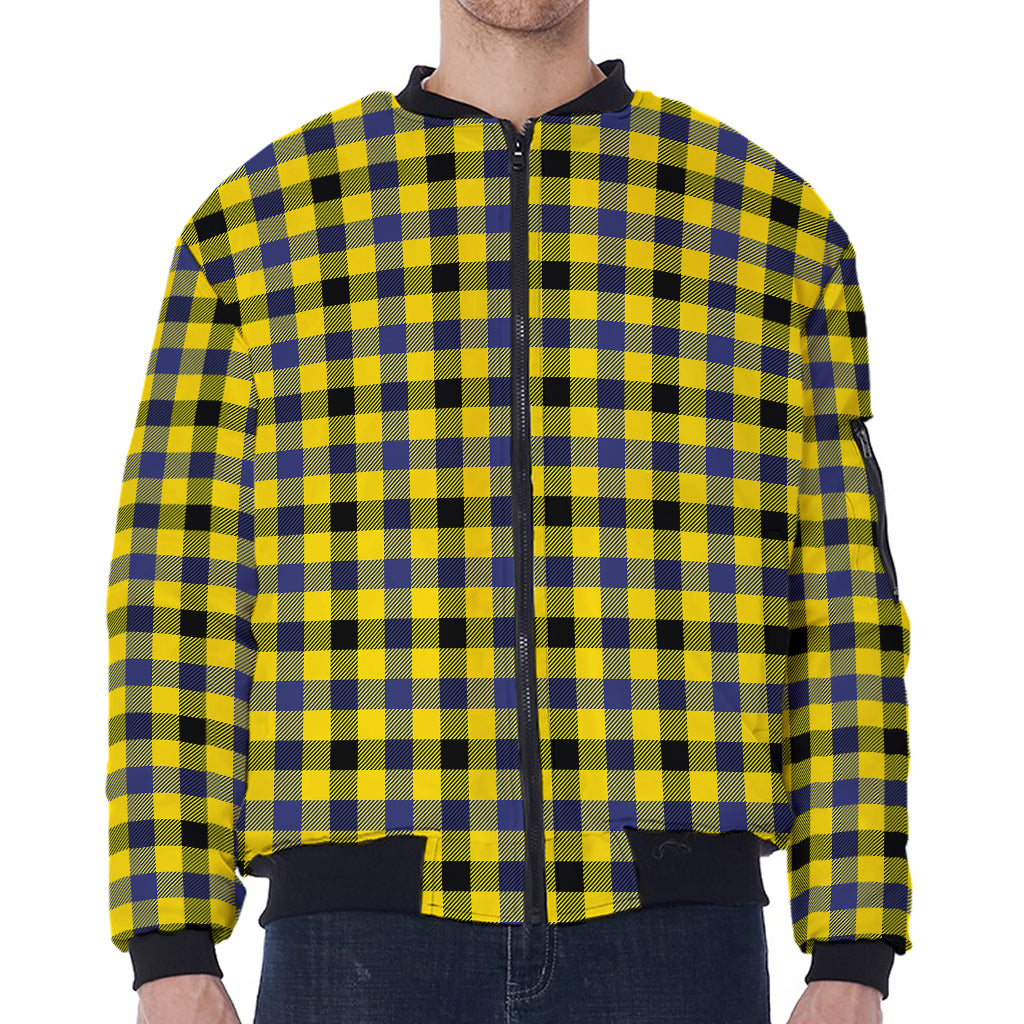 Yellow Black And Navy Plaid Print Zip Sleeve Bomber Jacket