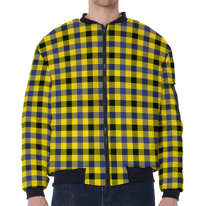 Yellow Black And Navy Plaid Print Zip Sleeve Bomber Jacket