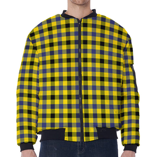Yellow Black And Navy Plaid Print Zip Sleeve Bomber Jacket