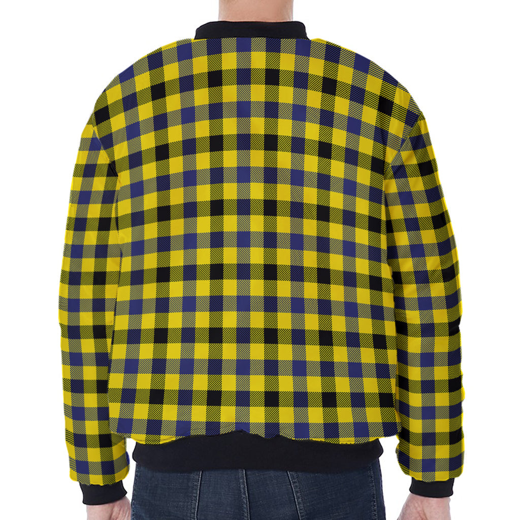 Yellow Black And Navy Plaid Print Zip Sleeve Bomber Jacket