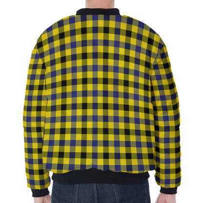 Yellow Black And Navy Plaid Print Zip Sleeve Bomber Jacket