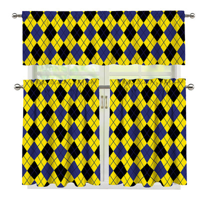 Yellow Blue And Black Argyle Print 3 Piece Kitchen Curtains
