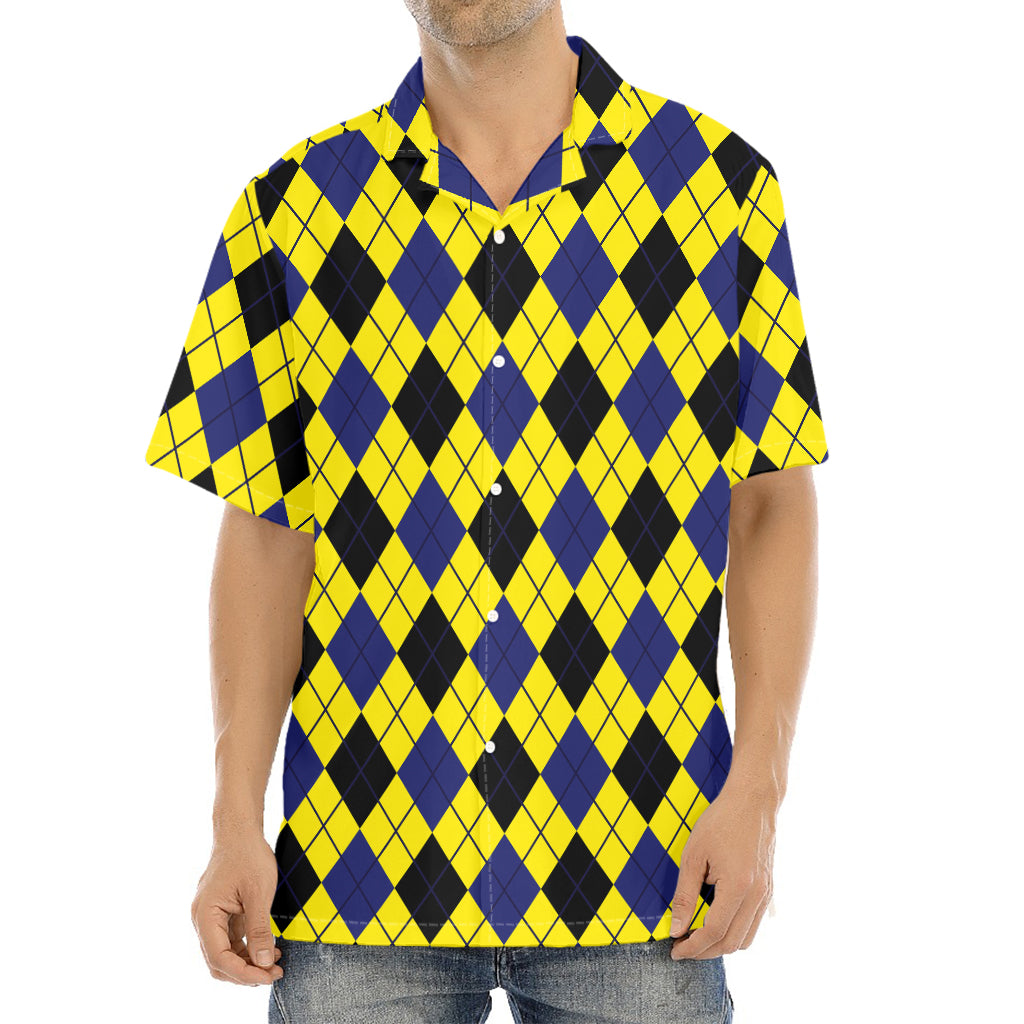 Yellow Blue And Black Argyle Print Aloha Shirt