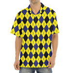 Yellow Blue And Black Argyle Print Aloha Shirt