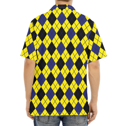 Yellow Blue And Black Argyle Print Aloha Shirt