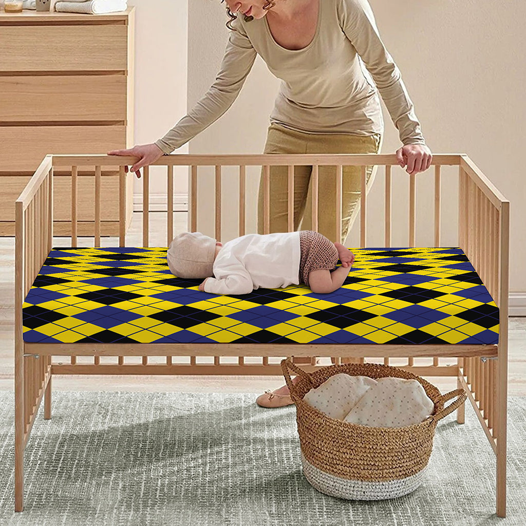 Yellow Blue And Black Argyle Print Baby Crib Sheet