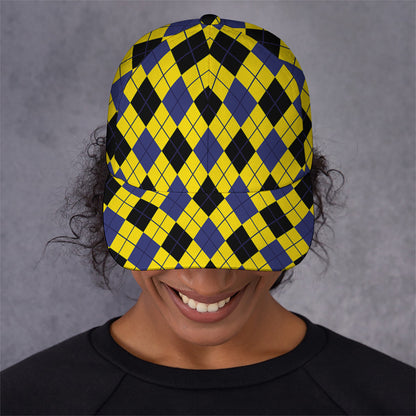 Yellow Blue And Black Argyle Print Baseball Cap
