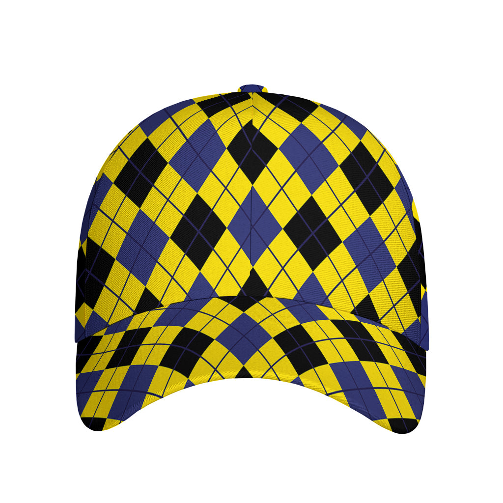 Yellow Blue And Black Argyle Print Baseball Cap