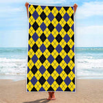 Yellow Blue And Black Argyle Print Beach Towel