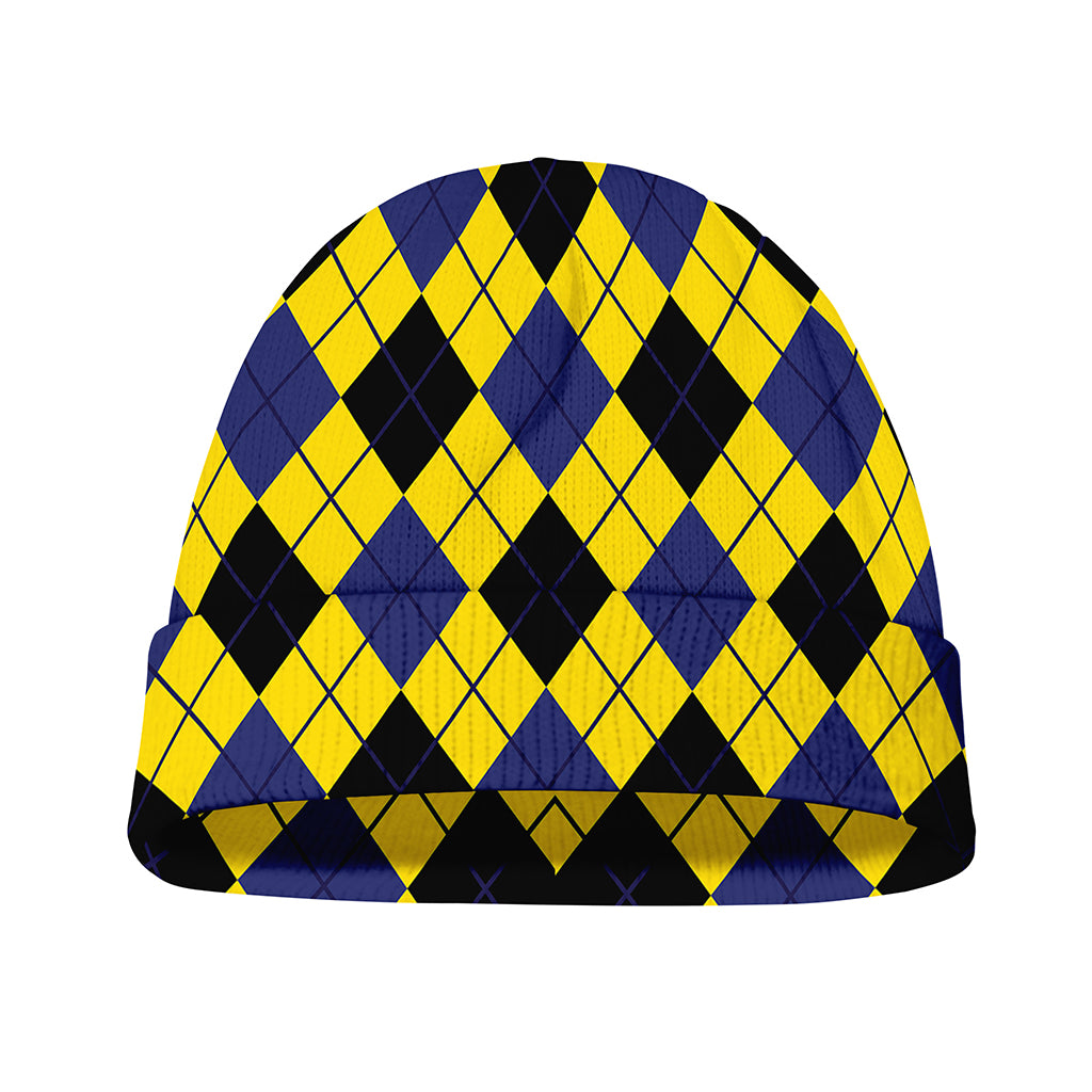 Yellow Blue And Black Argyle Print Beanie