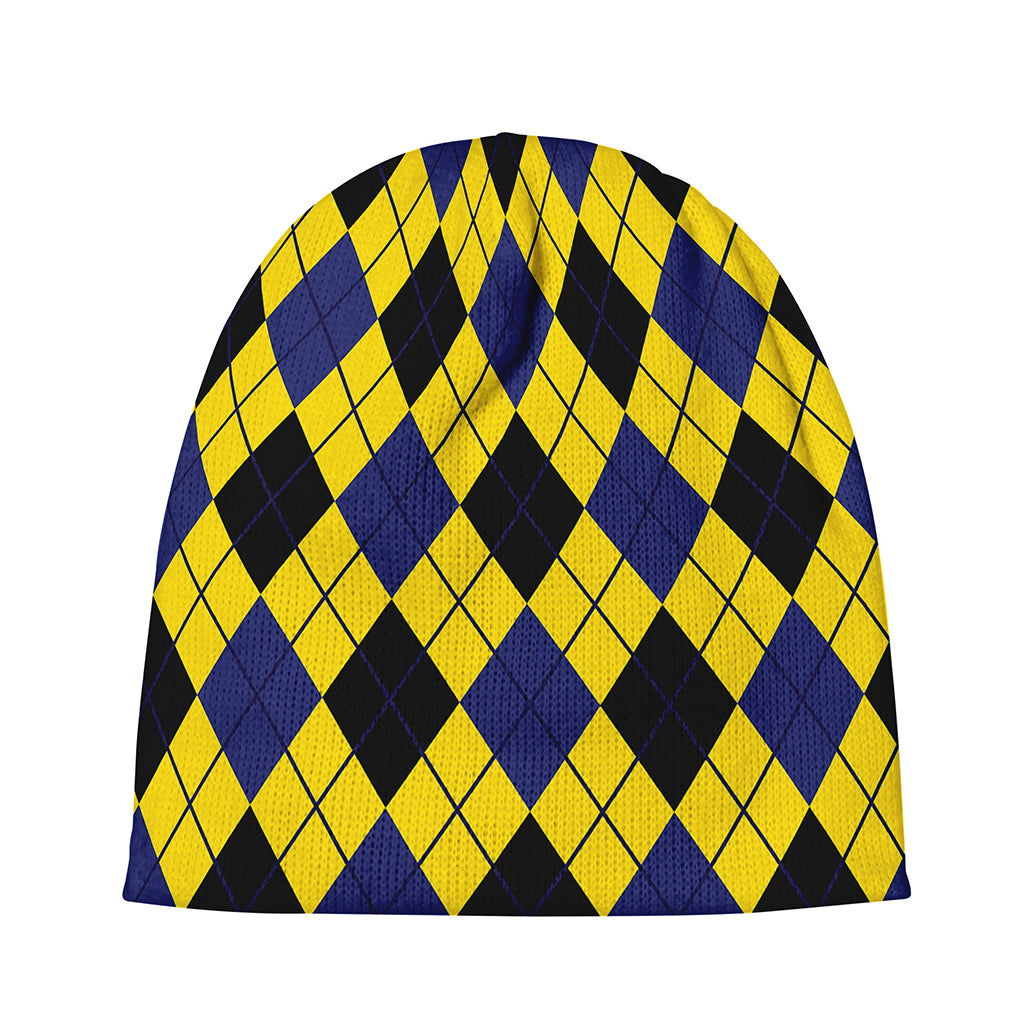 Yellow Blue And Black Argyle Print Beanie