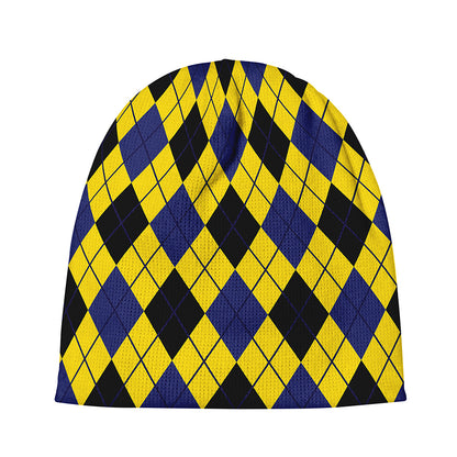 Yellow Blue And Black Argyle Print Beanie