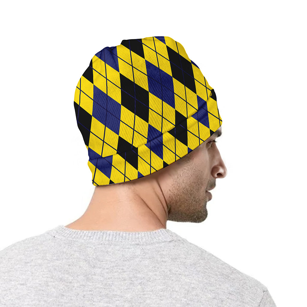 Yellow Blue And Black Argyle Print Beanie