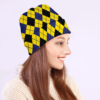 Yellow Blue And Black Argyle Print Beanie