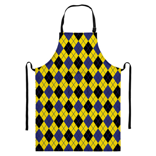 Yellow Blue And Black Argyle Print Bib Apron With Pocket