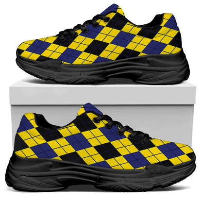 Yellow Blue And Black Argyle Print Black Chunky Shoes