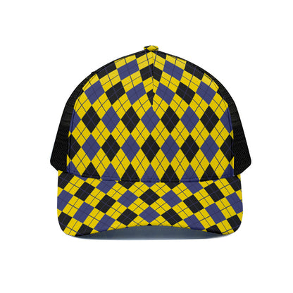 Yellow Blue And Black Argyle Print Black Mesh Trucker Cap