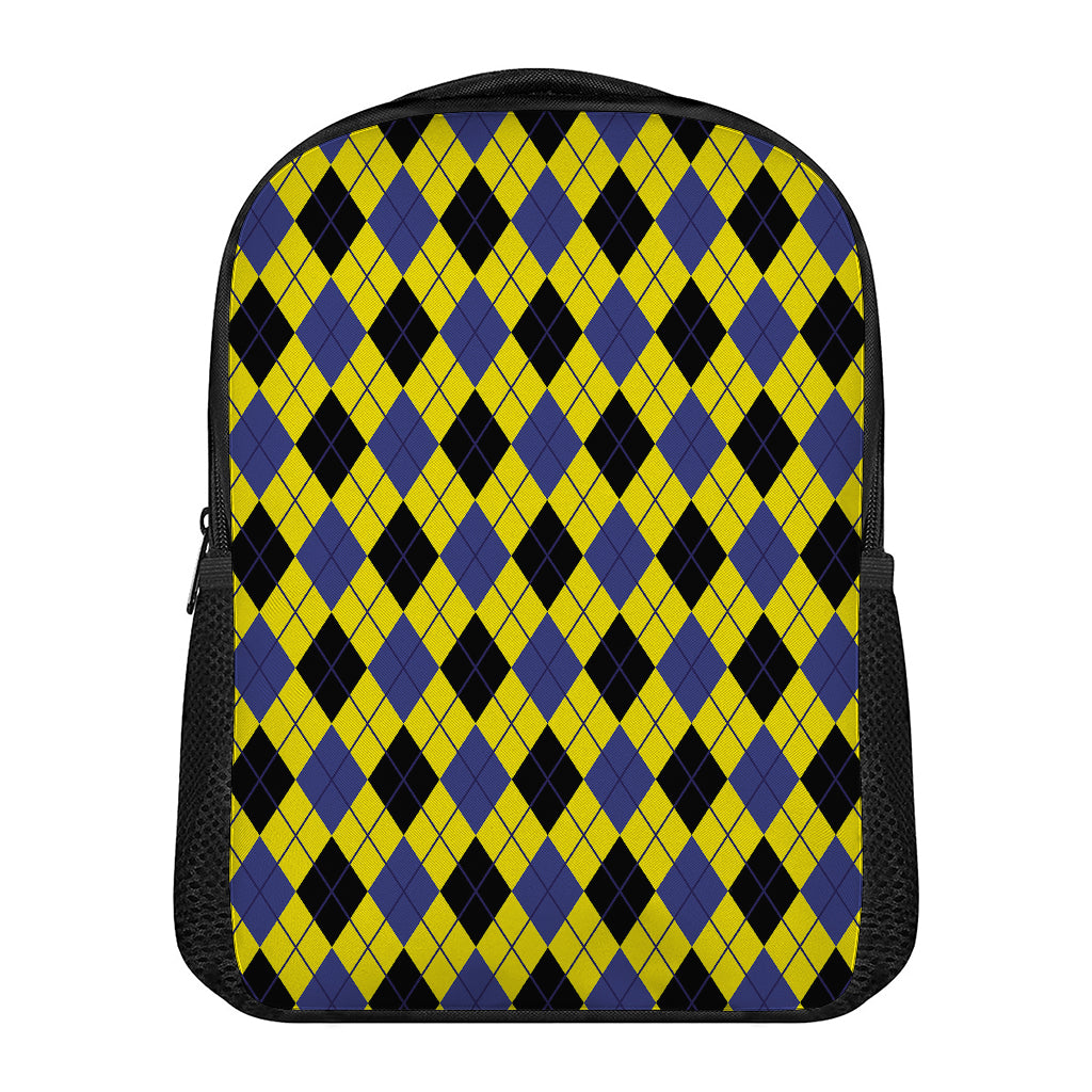 Yellow Blue And Black Argyle Print Casual Backpack