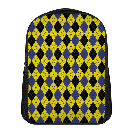Yellow Blue And Black Argyle Print Casual Backpack
