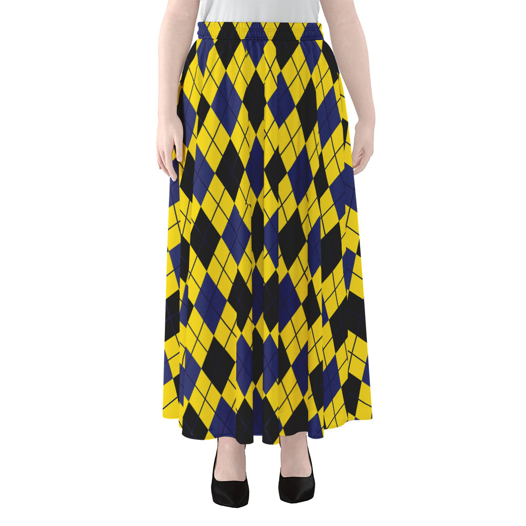 Yellow Blue And Black Argyle Print Chiffon Maxi Skirt