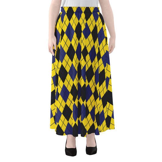 Yellow Blue And Black Argyle Print Chiffon Maxi Skirt