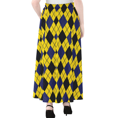 Yellow Blue And Black Argyle Print Chiffon Maxi Skirt