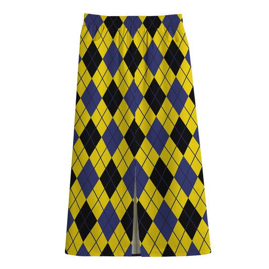 Yellow Blue And Black Argyle Print Cotton Front Slit Maxi Skirt