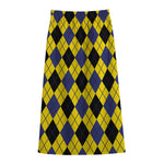 Yellow Blue And Black Argyle Print Cotton Front Slit Maxi Skirt