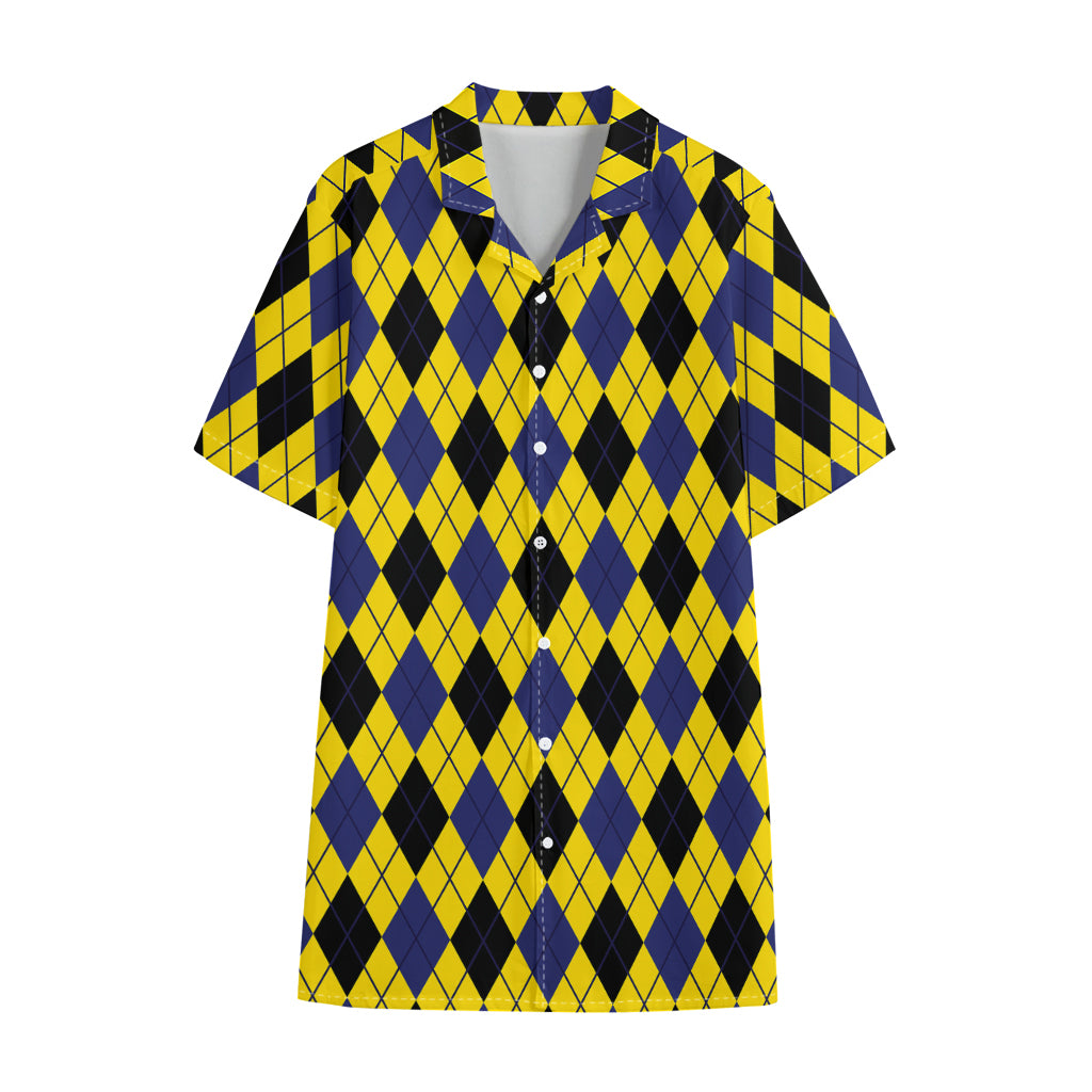 Yellow Blue And Black Argyle Print Cotton Hawaiian Shirt