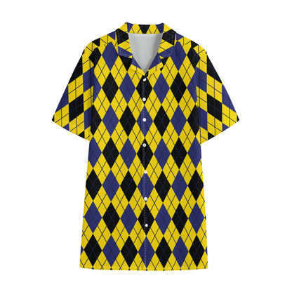 Yellow Blue And Black Argyle Print Cotton Hawaiian Shirt