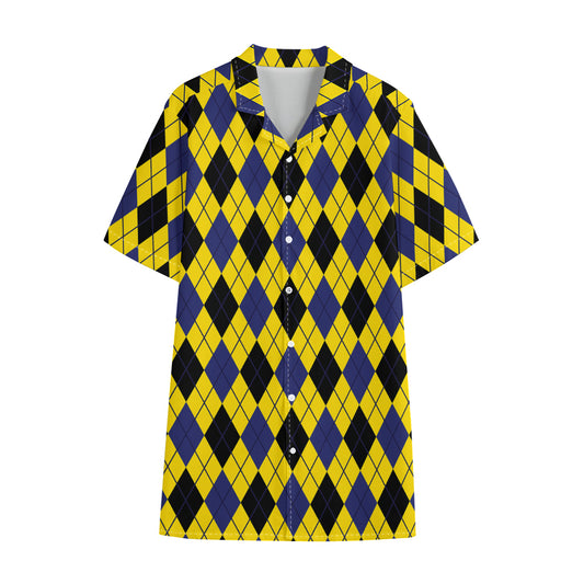 Yellow Blue And Black Argyle Print Cotton Hawaiian Shirt