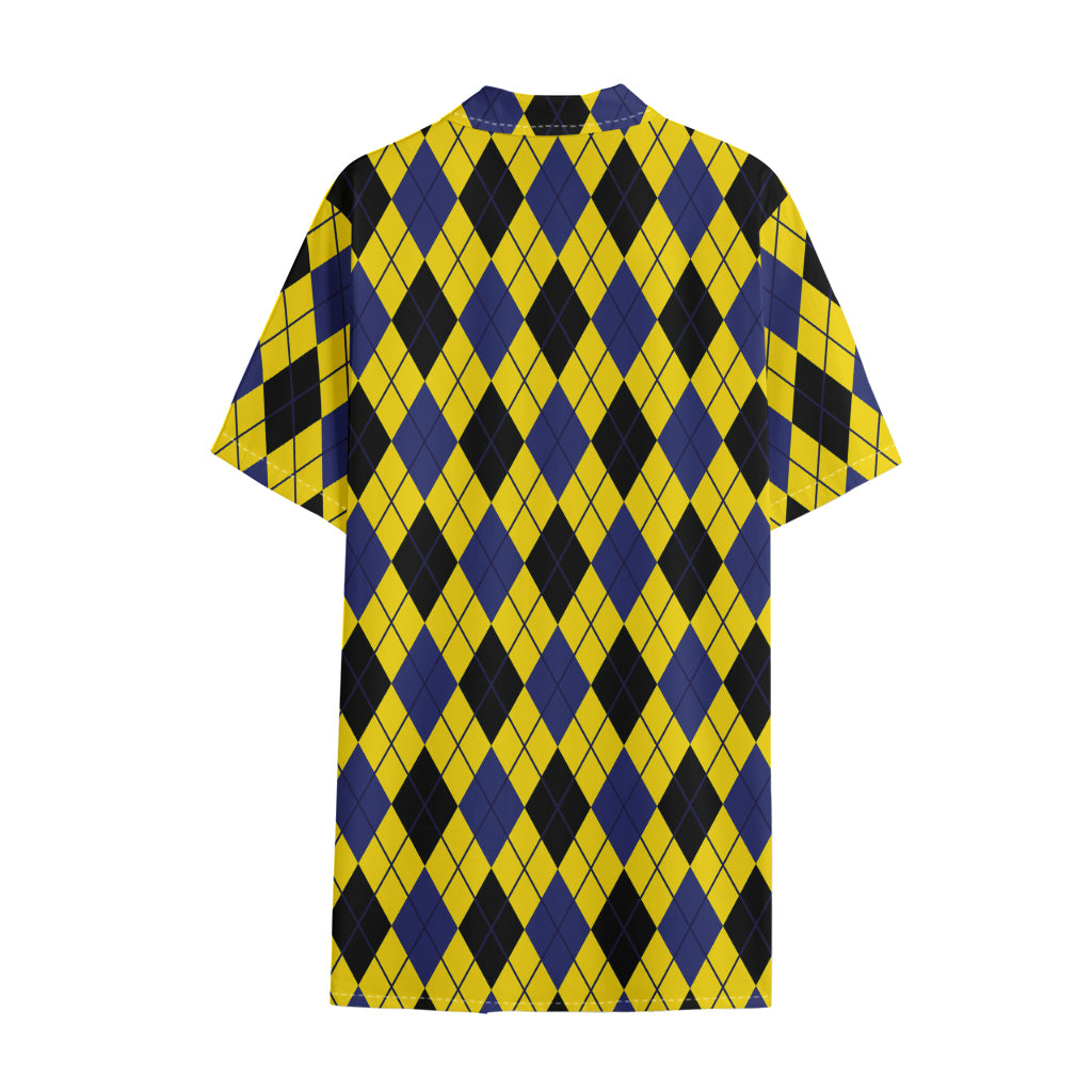 Yellow Blue And Black Argyle Print Cotton Hawaiian Shirt