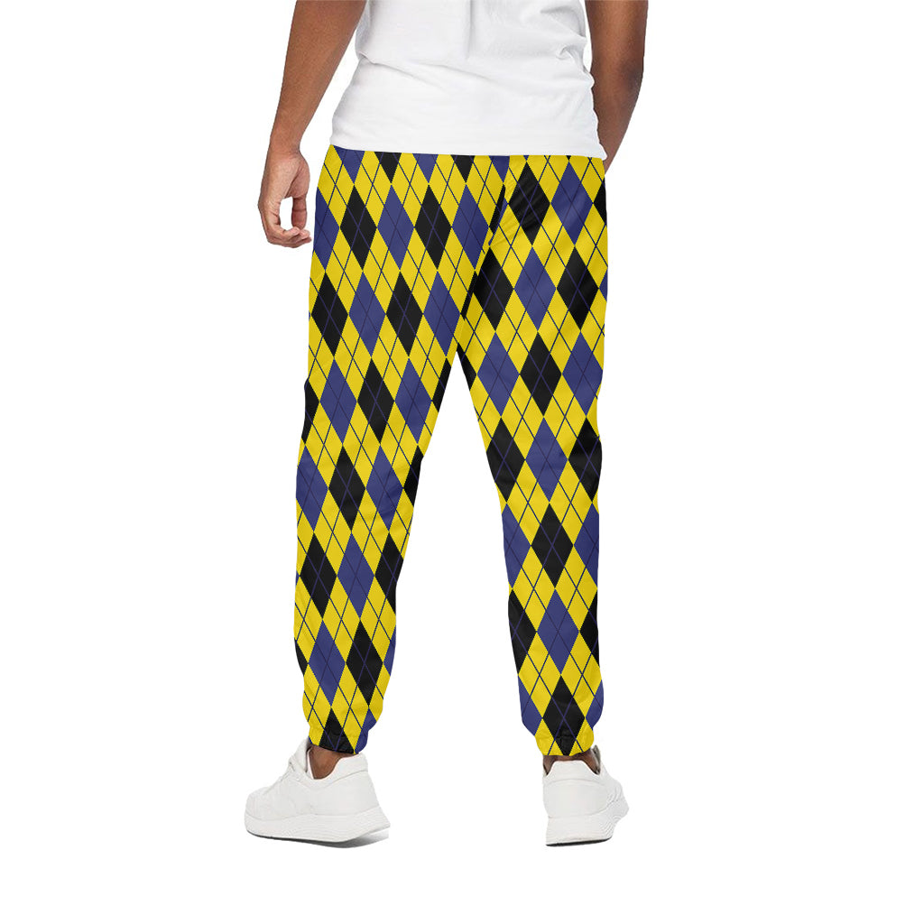 Yellow Blue And Black Argyle Print Cotton Pants