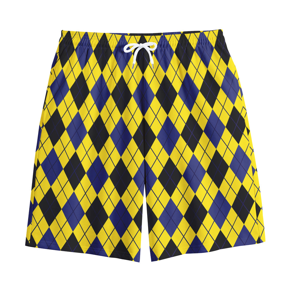 Yellow Blue And Black Argyle Print Cotton Shorts